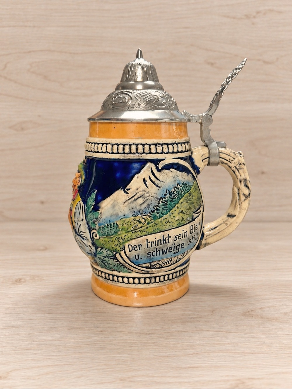 Vintage West Germany German Beer Stein Lidded Pewter Stoneware Relief Tavern 386